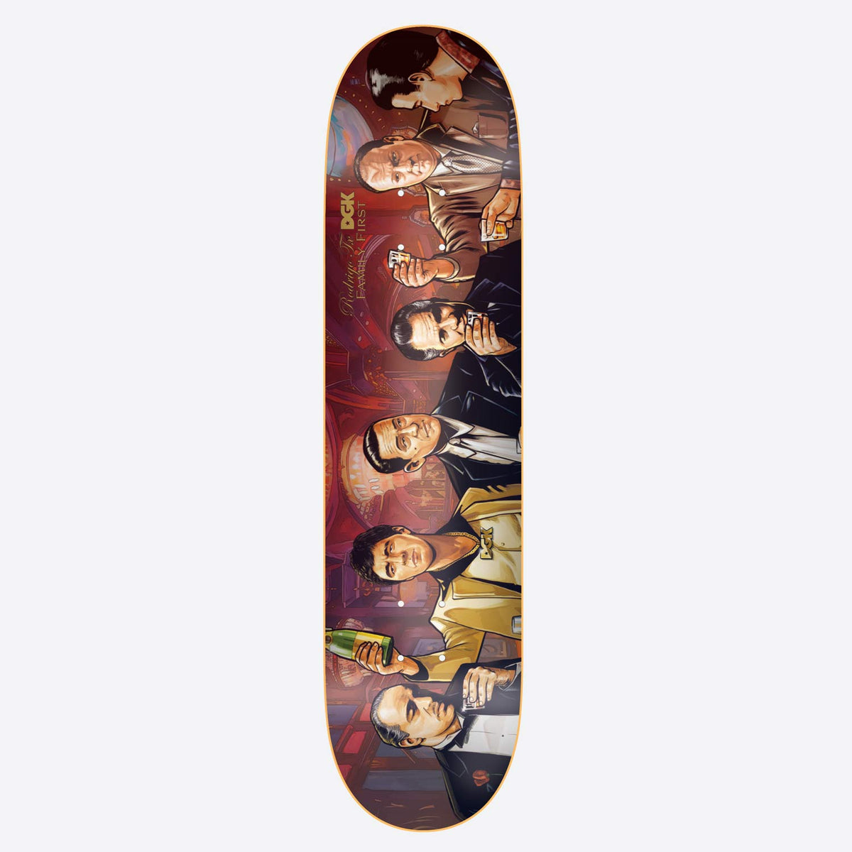 DGK Dynasty TX skateboard deck: A painted illustration of five men in suits seated along a table in a dimly lit red-toned casino or restaurant, with drinks and cards. The DGK logo and script text appear near the top.