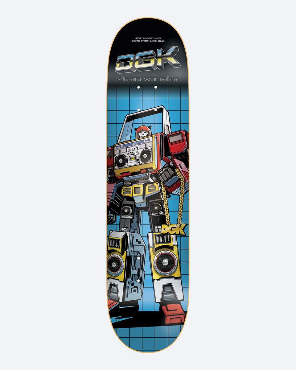 DGK Equalizer Vaughn skateboard deck: Illustration of a robot built from boomboxes, with a gold chain and DGK logo, standing against a blue grid background. DGK chrome logo and rider name sit across the top on black.