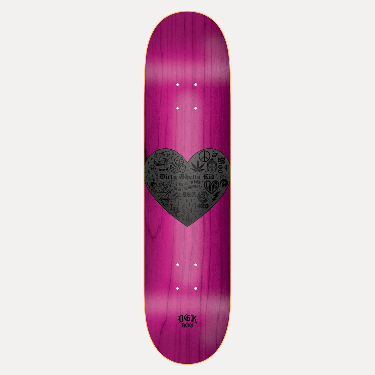 DGK Feels Boo 8.25 skateboard deck: A black heart packed with small tattoo-style icons including a peace sign, leaf, dice, ghost and DGK marks, with text lines across it, on a pink-magenta stained deck. Small logo lettering near the tail.