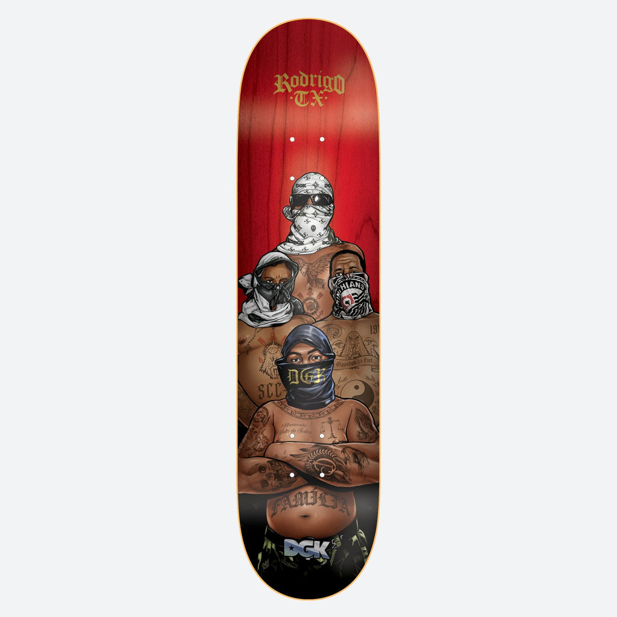 DGK Fiel TX skateboard deck: Realistic painted group of four tattooed, shirtless men in bandana face masks, one wearing sunglasses, stacked in a pyramid on a red wood-stained deck, with gothic gold rider name at the top and DGK logo at the tail.