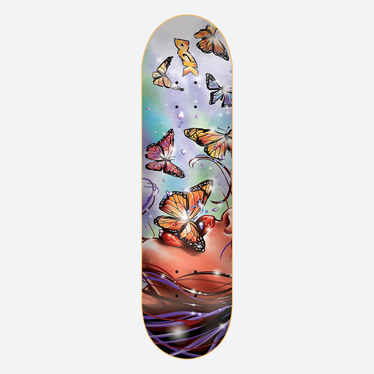 DGK Floating 8.1 skateboard deck: Airbrushed illustration of a woman's face with flowing dark hair at the bottom, with a butterfly on her lips and several monarch-style butterflies floating in a pastel shimmering sky. A gold DGK logo sits among them.