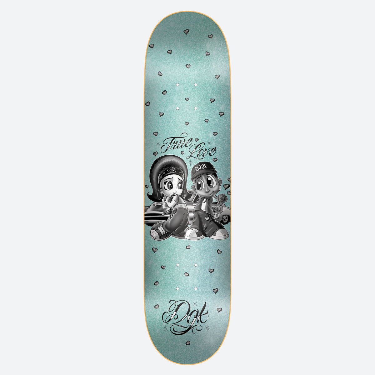 DGK Fool For You skateboard deck: A black and white cartoon couple, a girl in a headband and a boy in a DGK cap holding a rose, lean against a lowrider car. Small hearts scatter over a glittery teal deck, with 'True Love' and a DGK script logo in tattoo-style lettering.