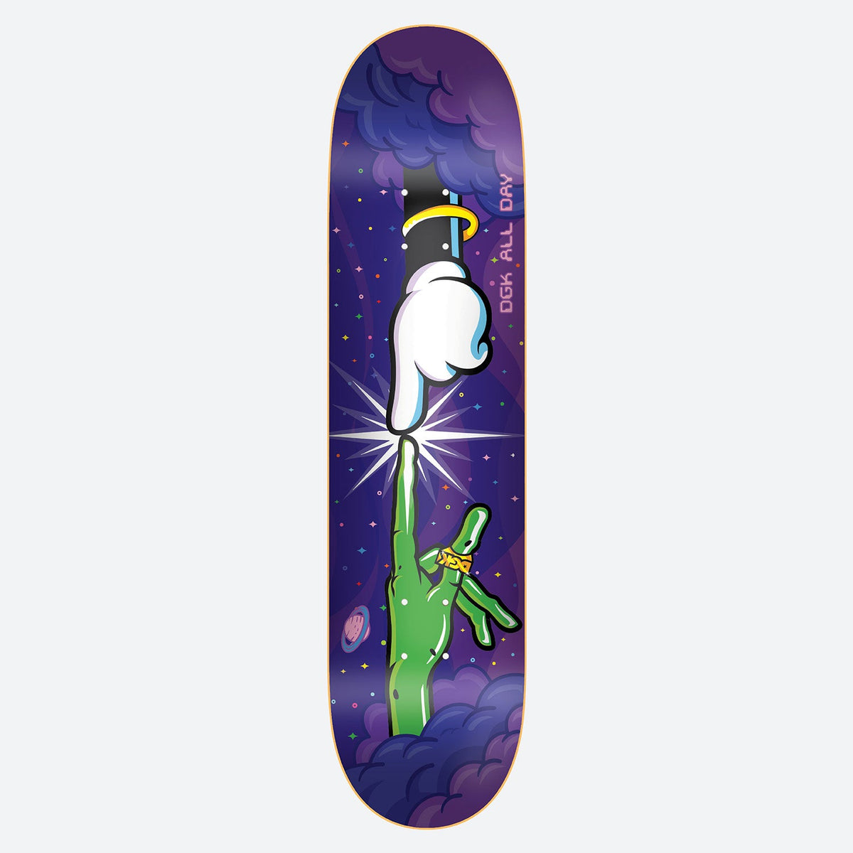 DGK Friends 8.06 skateboard deck: Cartoon white-gloved hand with a halo pointing down to touch the fingertip of a green hand wearing a gold ring, echoing the Creation of Adam, against a purple cosmic sky with clouds, stars and a small planet. DGK ALL DAY runs down the side.