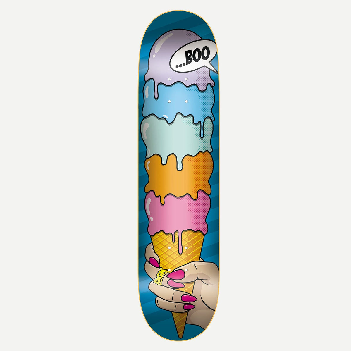 DGK Frozen Boo 8.25 skateboard deck: Comic pop-art illustration of a hand with long pink nails holding a tall ice cream cone with five dripping scoops in pastel colours, the top scoop with a speech bubble saying ...BOO, on a blue striped background.