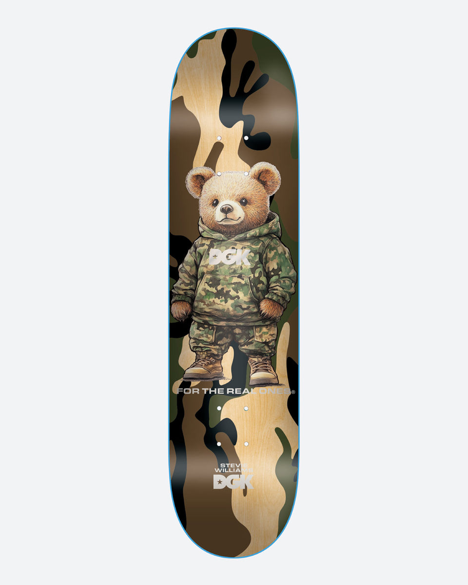 DGK FTRO Stevie skateboard deck: Realistic teddy bear dressed in a camouflage hoodie, trousers and boots with a DGK logo on the chest, over a brown and tan camo pattern. For the real ones slogan and rider name at the tail.