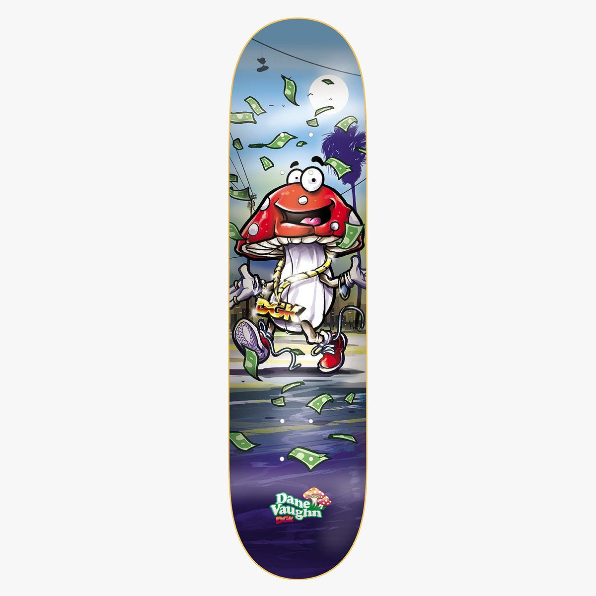 DGK Fun Guy Vaughn 8.1 skateboard deck: Cartoon red-capped mushroom wearing a gold DGK chain and trainers, running down a street at night while dollar bills fly around him, with a palm tree and moon behind. Rider name and small mushroom logo at the bottom.