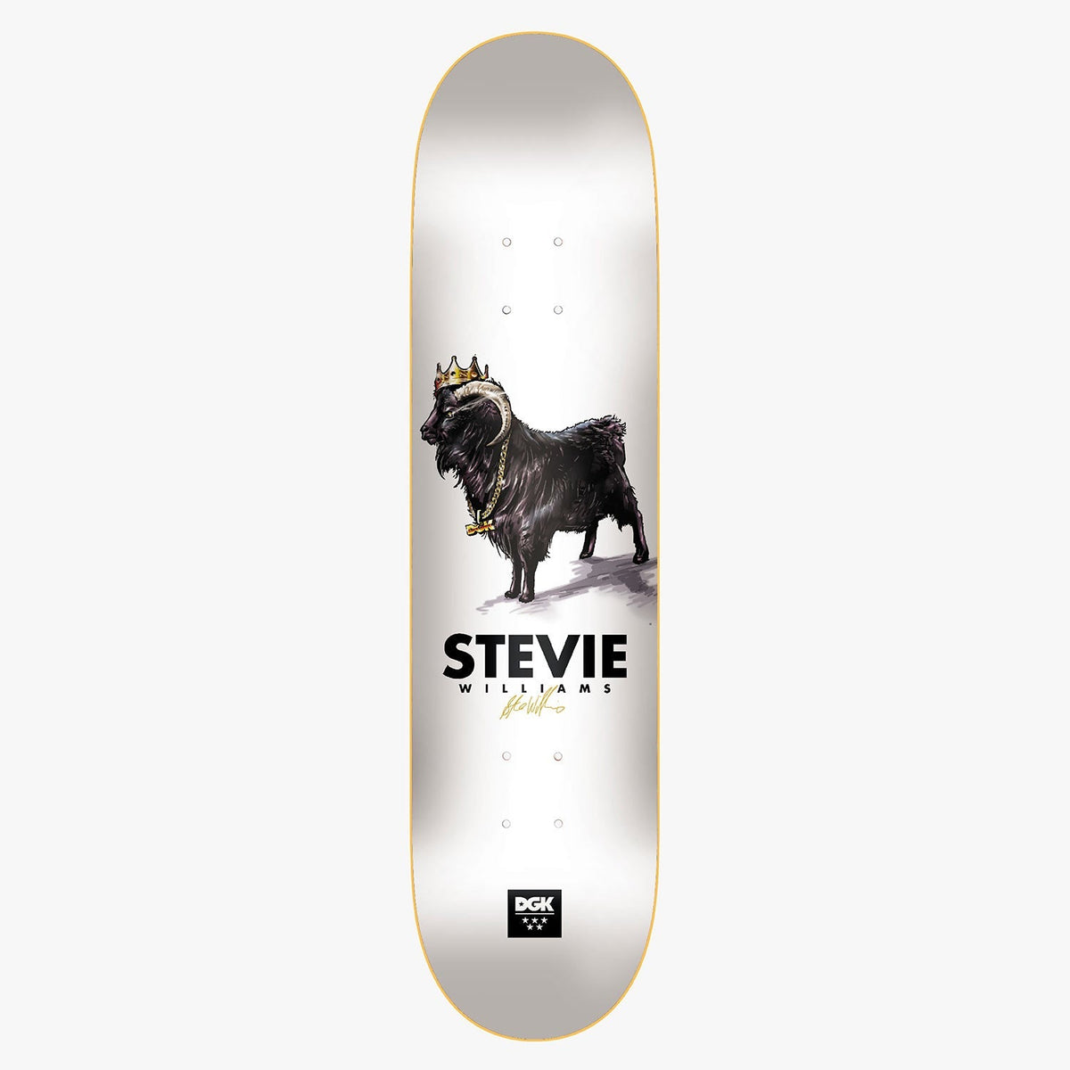 DGK G.O.A.T. Stevie 8.38 skateboard deck: A painted black goat wearing a gold crown and a chunky gold chain stands on a white deck, with a soft shadow beneath. The rider's name and a gold signature sit below it, above a DGK logo.
