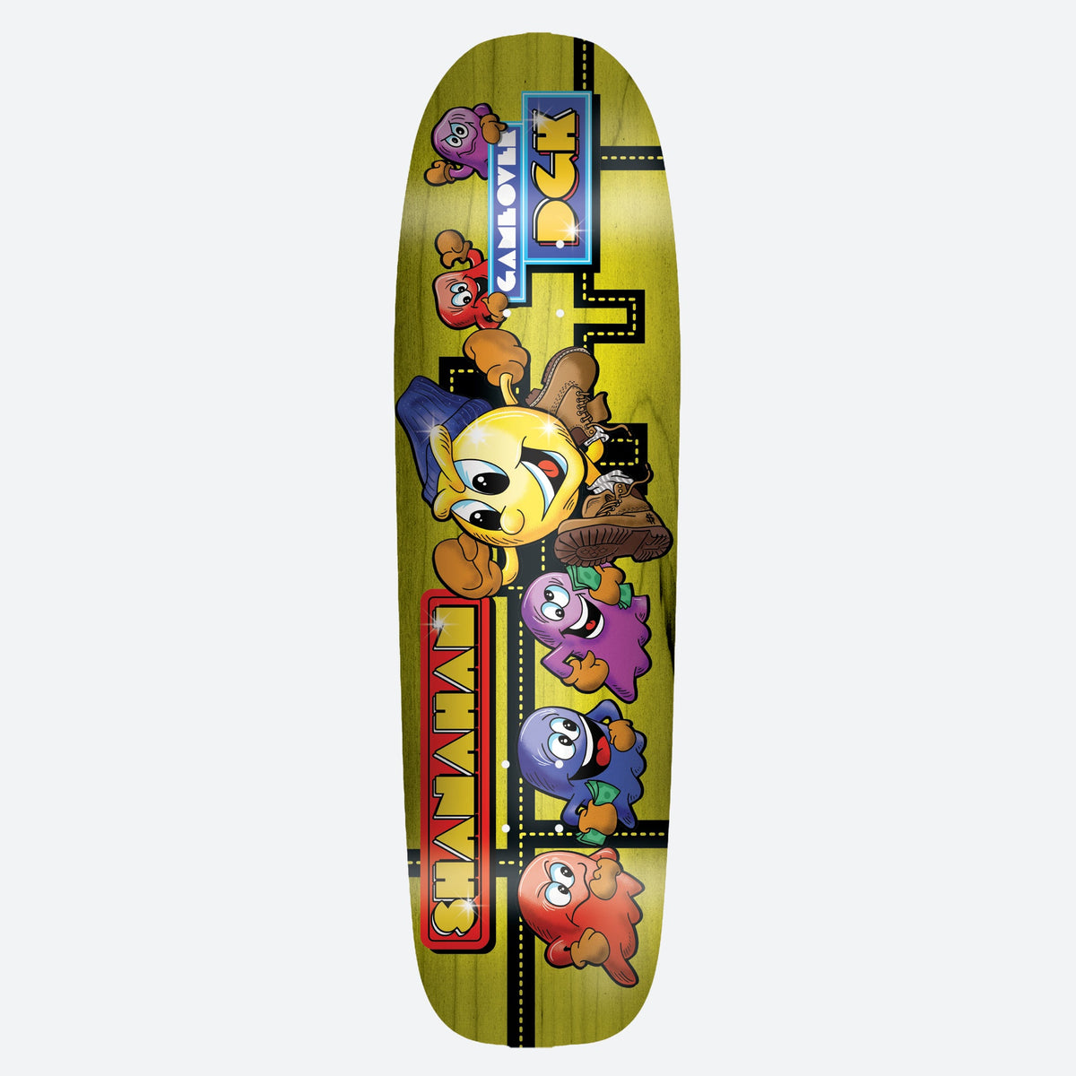 DGK Game Over Shanahan 8.75 skateboard deck: Arcade-style parody on a yellow-stained shaped deck: a cartoon yellow chomping character stamps with a boot while coloured ghost characters hold cash, against maze lines. Game-over marquee with DGK logo and 'Shanahan' sign.