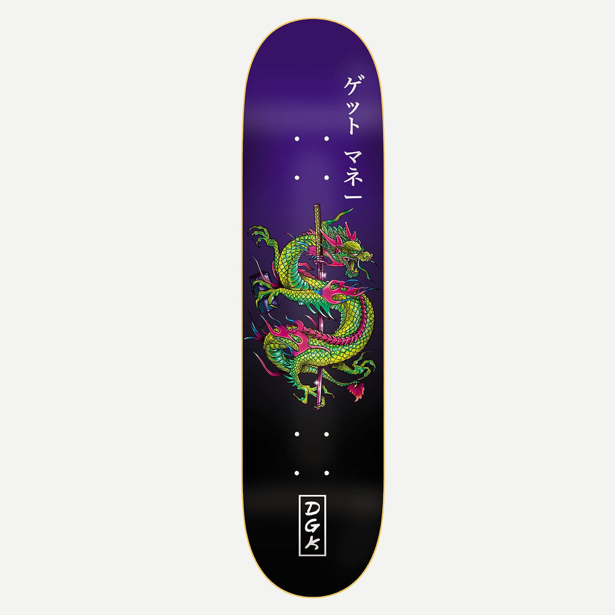 DGK Get Money Purple 8.06 skateboard deck: A green and pink Chinese-style dragon coils around a sword on a deck that fades from purple to black. Japanese katakana characters sit above it, with a boxed DGK logo at the tail.
