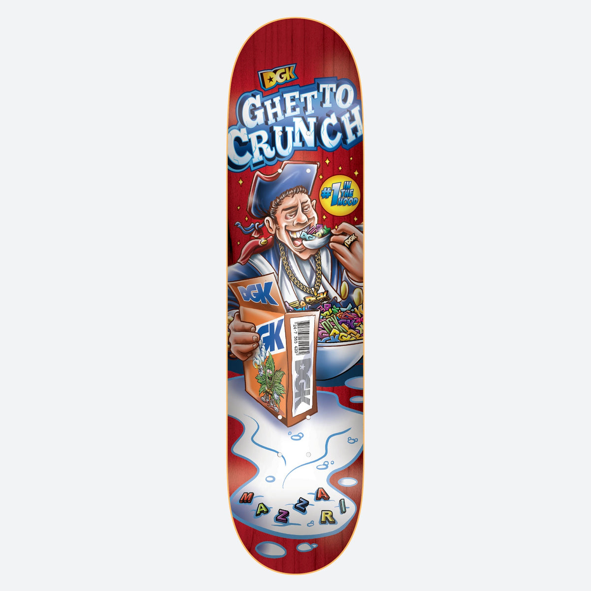 DGK Ghetto Crunch Red Mazzari 8.25 skateboard deck: Red deck parodying a cereal box mascot: a pirate-hatted character wearing gold chains eats from a bowl beside a DGK cereal box with a leaf on it. Ghetto Crunch title in blue lettering above.