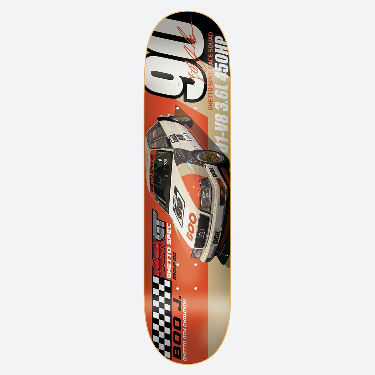 DGK Ghetto GT Boo 7.9 skateboard deck: Orange and tan deck with an illustration of a white rally car with DGK and Boo livery driving at an angle, alongside a large 90, a chequered flag strip and racing spec text.