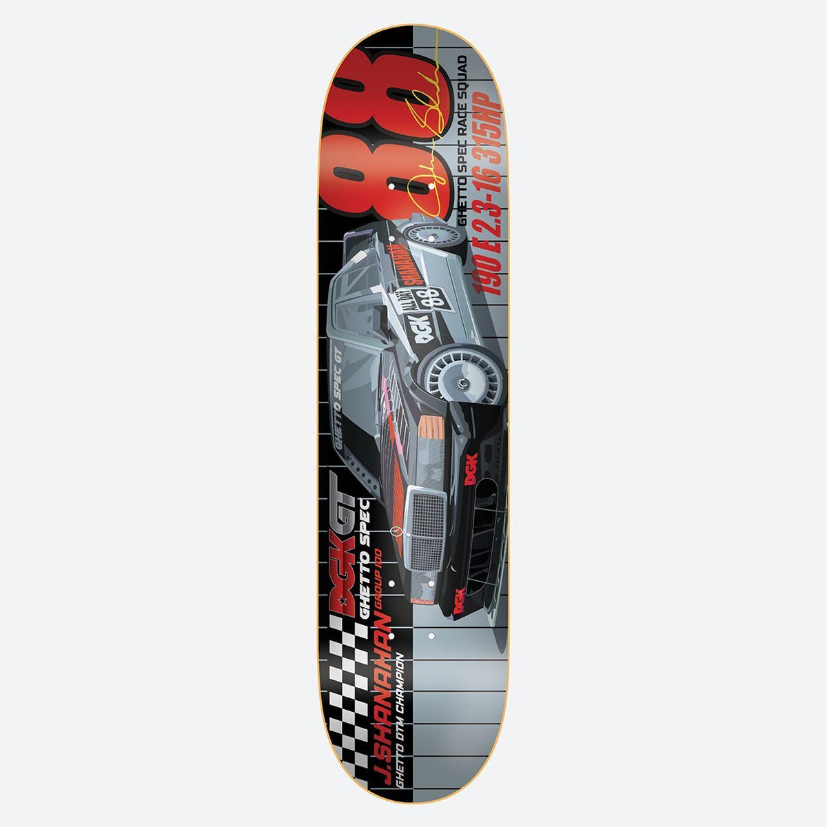 DGK Ghetto GT Shanahan 7.8 skateboard deck: Illustration of a black and grey touring race car with DGK livery and number 88 along the deck, with chequered flag strip and racing-style text, plus a large red 88 and gold signature at the top.