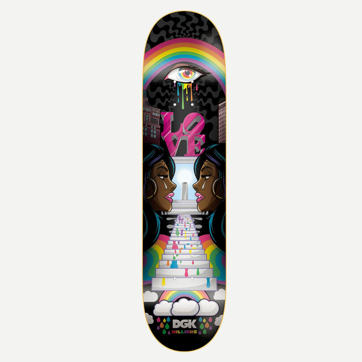 DGK Ghetto Psych Stevie 8.06 skateboard deck: Black deck with two mirrored crying women in profile facing each other, a rainbow and tearful eye above, a pink LOVE sculpture and a white staircase with rainbow drips leading to a light. DGK logo at the tail.