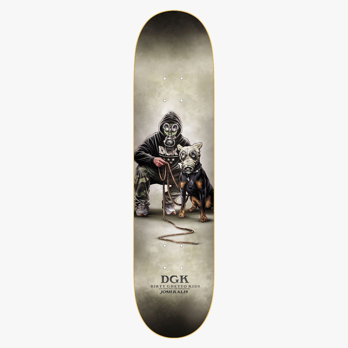 DGK Armageddon Josh Kalis 8.06 skateboard deck: Realistic painted illustration of a hooded figure in a gas mask crouching beside a rottweiler also wearing a gas mask, holding a long leash, against a smoky grey-green backdrop. DGK logo and rider name sit at the bottom.