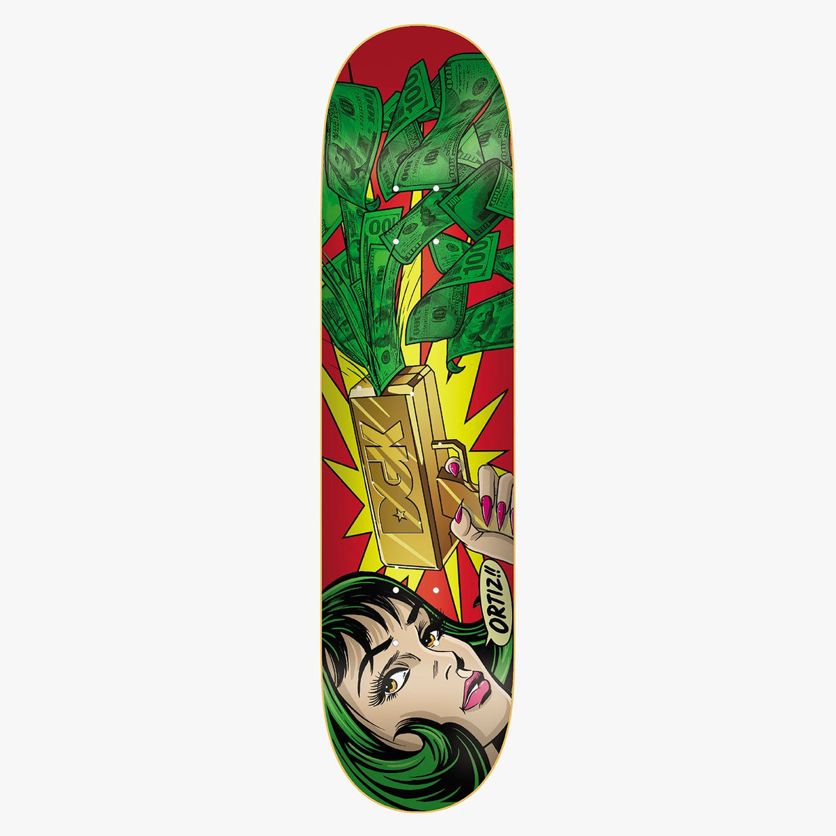 DGK Bang Chaz Ortiz 8.1 skateboard deck: Comic-book style scene on red: a green-haired woman with pink nails holding a gold bar shaped like a gun, firing a burst of dollar bills over a yellow explosion. A speech bubble reads Ortiz.