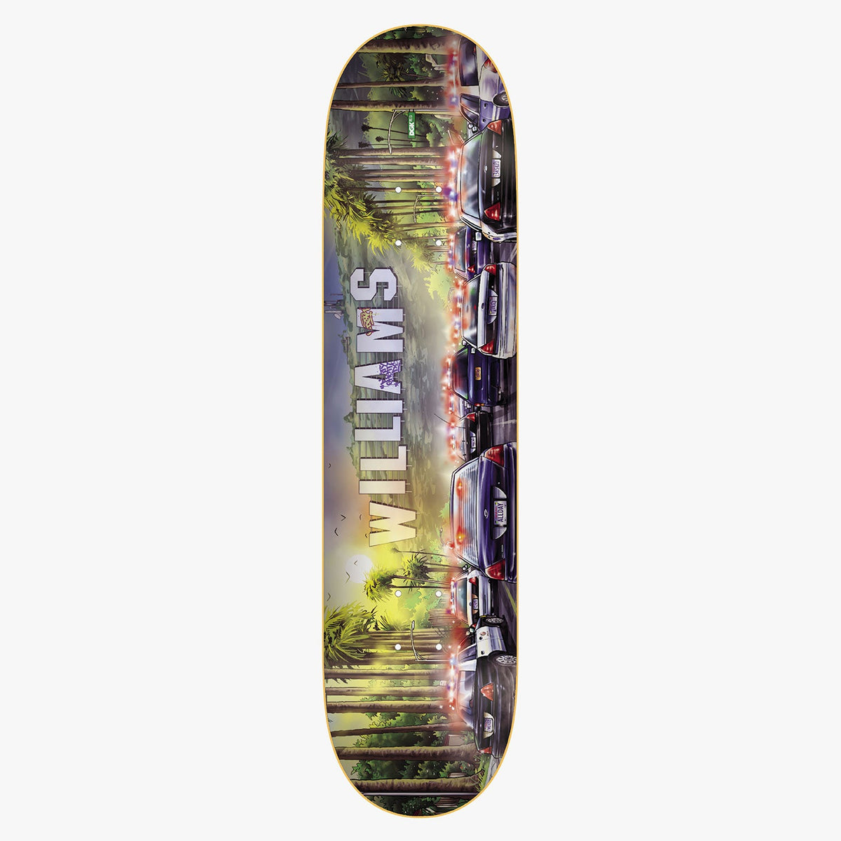 DGK Pursuit Stevie Williams 7.9 skateboard deck: Illustrated palm-lined street at dusk with a line of police cars with flashing lights down the right side. 'Williams' in large blocky capitals runs up the middle.