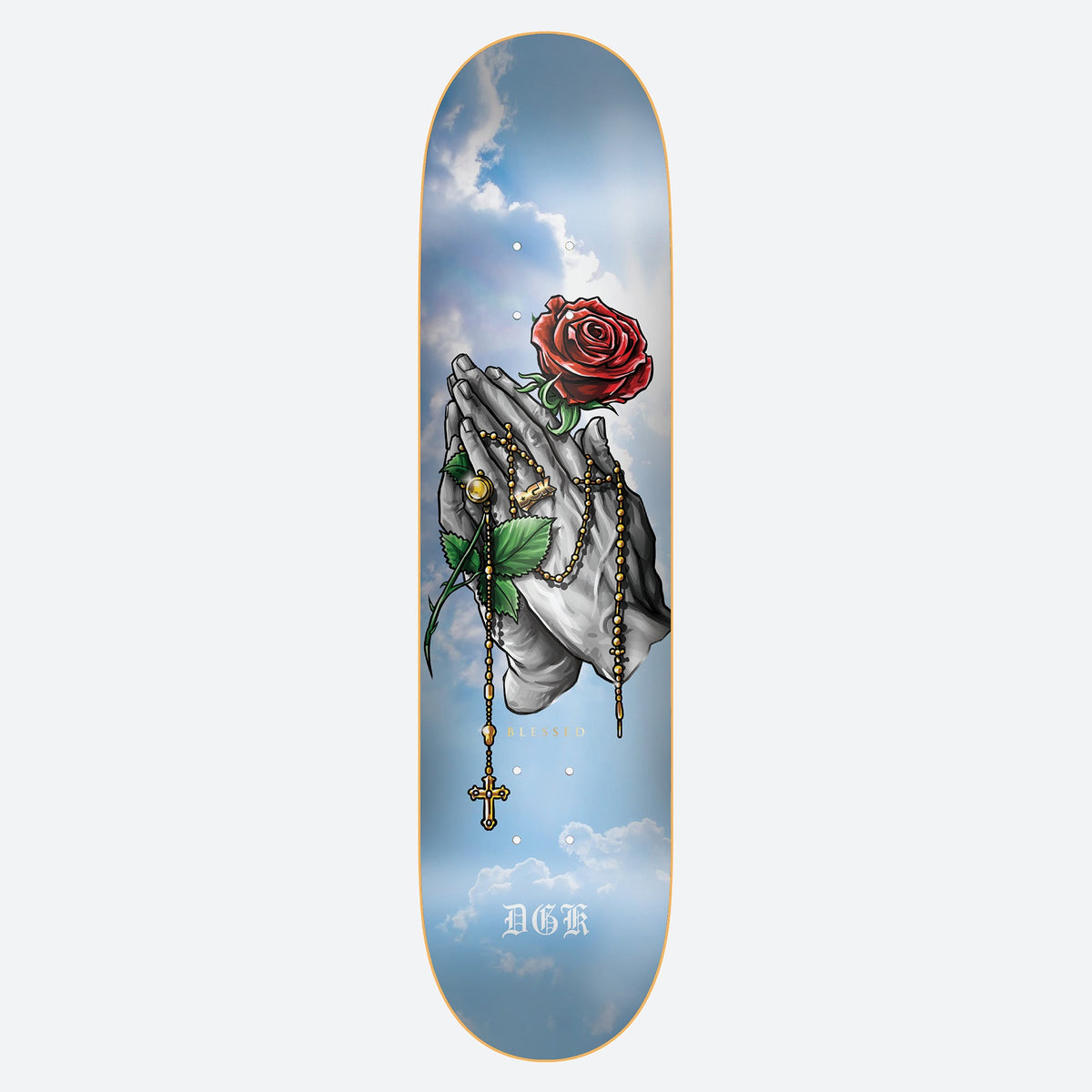 DGK Glory skateboard deck: Realistic illustration of praying hands holding a gold rosary and a red rose with a green stem, set against a blue sky with soft clouds. DGK in old English lettering near the bottom.