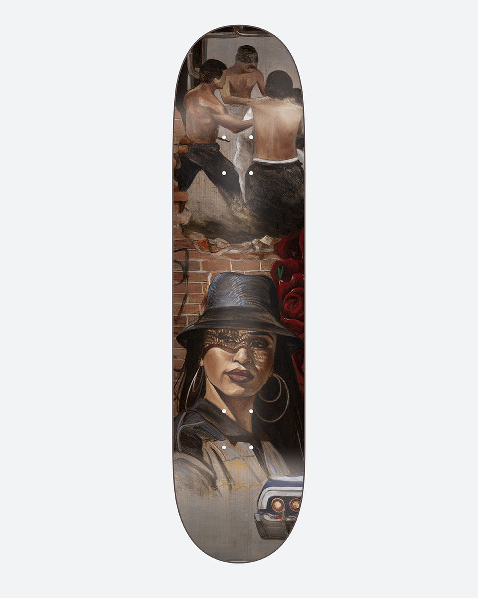 DGK Godffiti No.1 8.0 skateboard deck: Painted realistic scene: three shirtless men scuffling in a doorway above a woman in a bucket hat and hoop earrings, lace across her eyes, with red roses, brick wall and the front of a lowrider car.