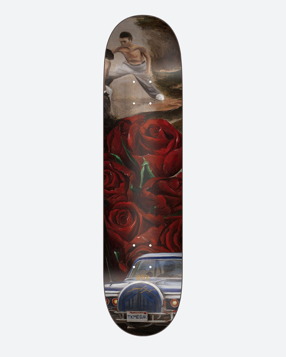 DGK Godffiti No.2 8.06 skateboard deck: Painted scene of a shirtless man in grey trousers mid-stride above a large bunch of red roses, with the back of a lowrider car and a 'TKMEBAK' number plate at the tail.