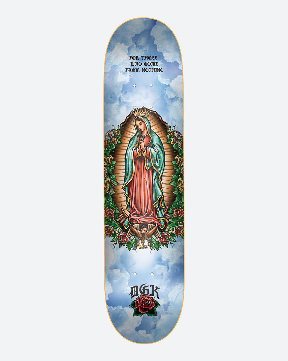 DGK Grace Sky 8.25 skateboard deck: Painted Virgin of Guadalupe figure in a gold mandorla framed by roses and an angel, against a cloudy blue sky, with a DGK logo and rose at the base.
