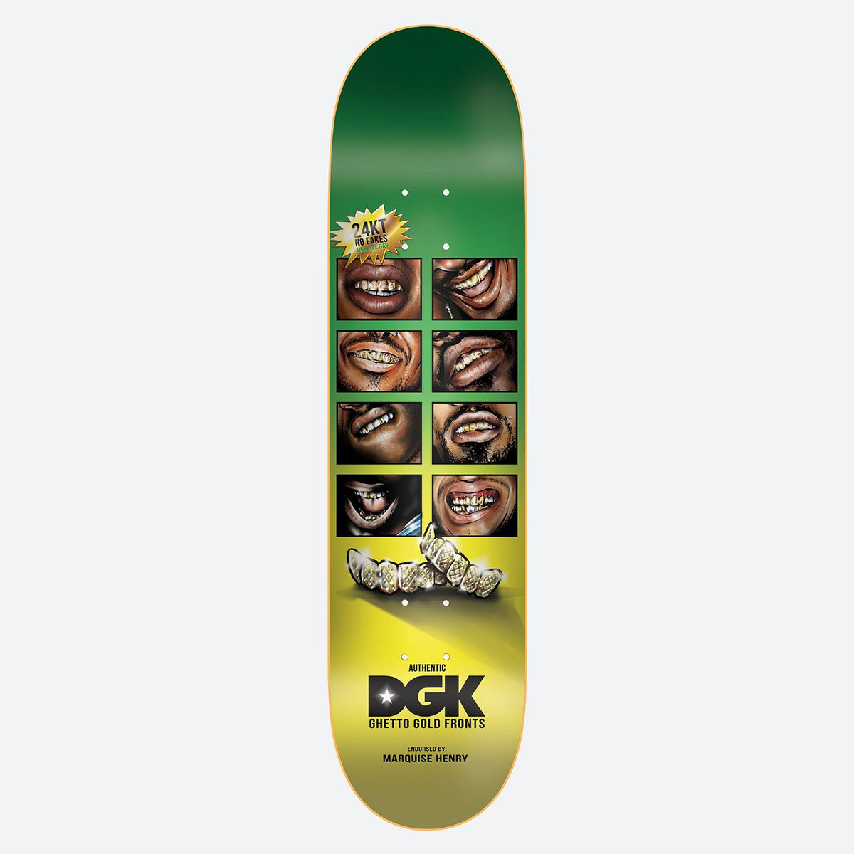 DGK Grillz Quise 8.1 skateboard deck: A grid of eight close-up photos of mouths wearing gold teeth above a pair of diamond-set grillz, on a green to yellow gradient. A 24KT starburst sits at the top left and the DGK logo below.