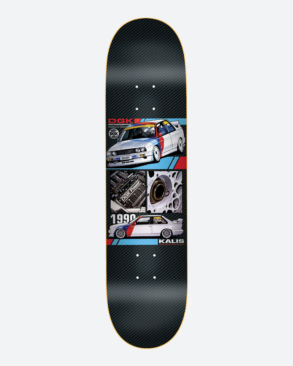 DGK Group 5 Kalis 8.06 skateboard deck: Carbon-fibre-pattern deck with a magazine-style layout of a white BMW touring car with red and blue stripes, an engine bay and brake close-up, and a side view dated 1990. DGK logos and the rider name appear on the panels.
