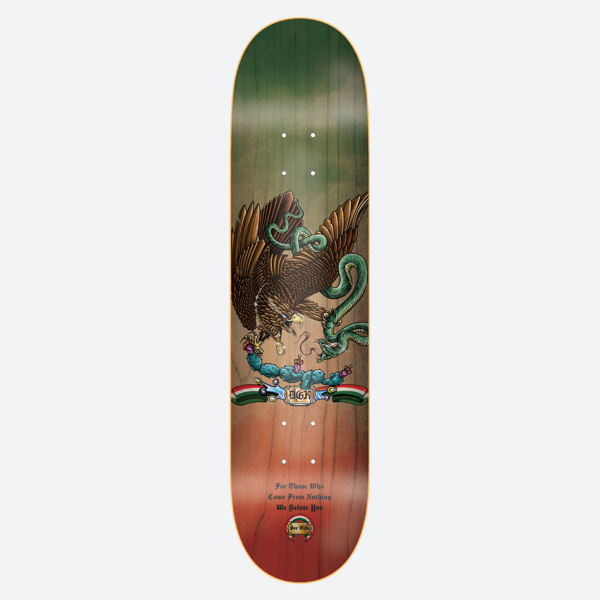 DGK Guerrero Tie Dye 8.38 skateboard deck: Mexican-style eagle with a green snake in its beak and talons perched on a cactus, above a DGK ribbon banner in green, white and red, on a green to red faded wood-grain deck with a motto beneath.