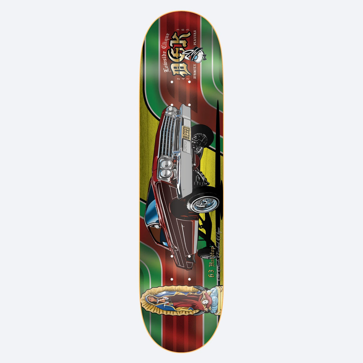 DGK Hardtop 8.25 skateboard deck: Lowrider hardtop car in dark red with chrome trim, drawn in profile across the deck over green, red and yellow striped panels. DGK Lowside Clique logo at the top and a Virgin of Guadalupe image at the bottom.