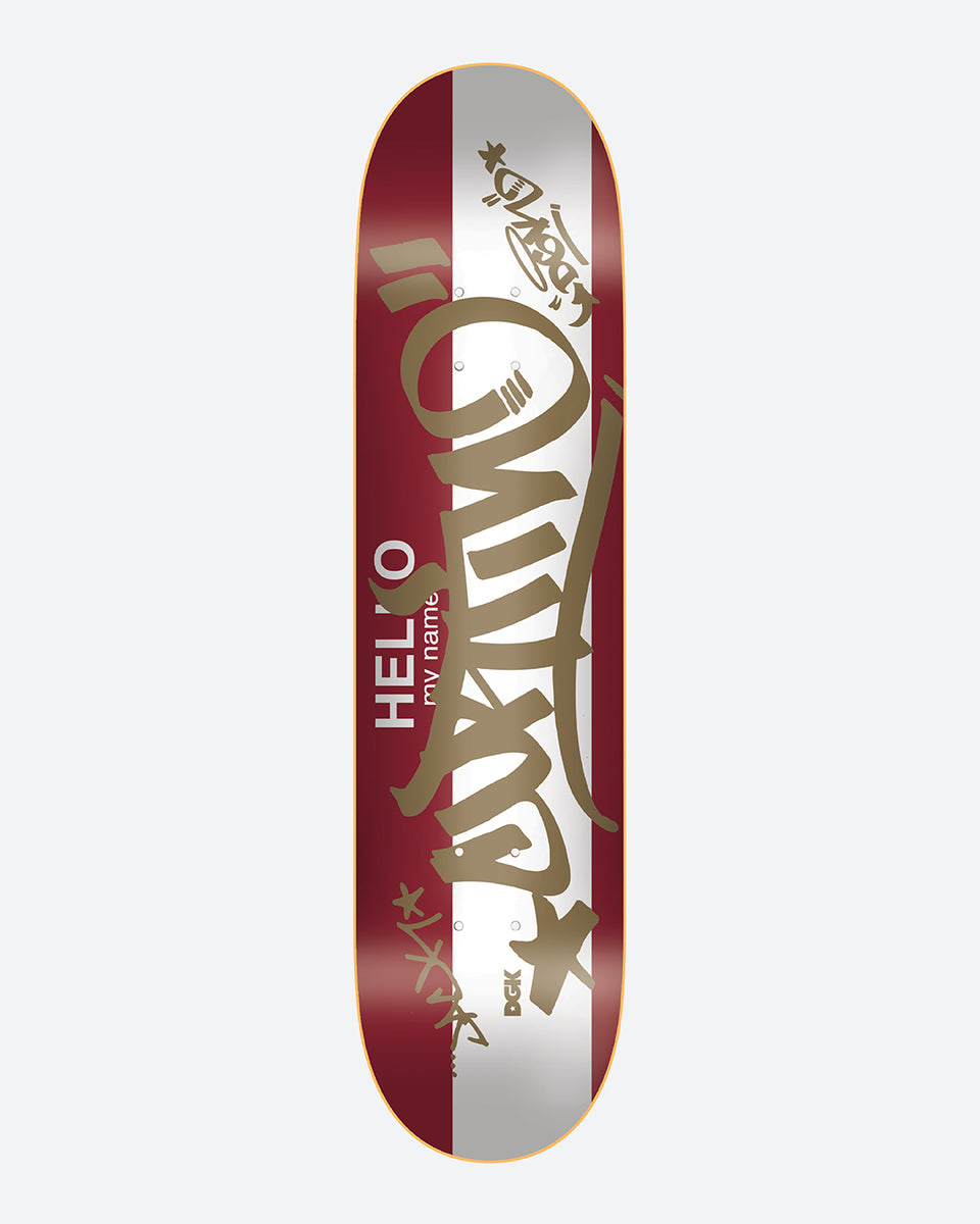 DGK Hello Curtin skateboard deck: Hello My Name Is name-tag design: maroon deck with a white central band, large gold graffiti tag handwriting across it, 'Hello my name' lettering and a small DGK logo near the tail.