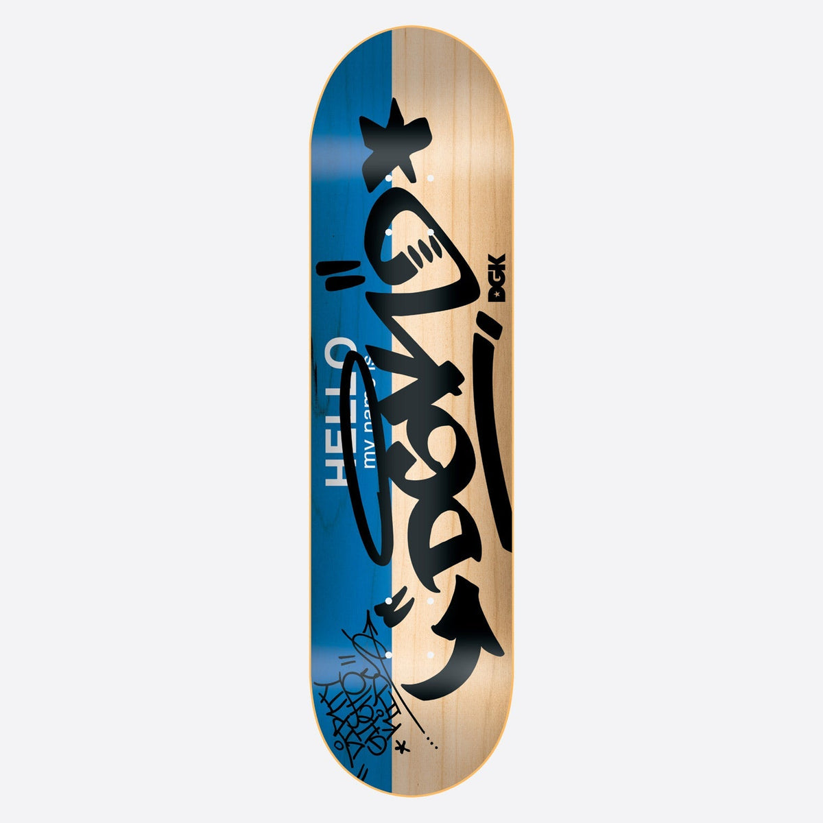 DGK Hello My Name Is 8.5 skateboard deck: Deck split between blue and natural wood, with a large black graffiti tag style DGK and a star over a Hello My Name Is sticker label. Smaller tag scribbles at the tail and a DGK logo.