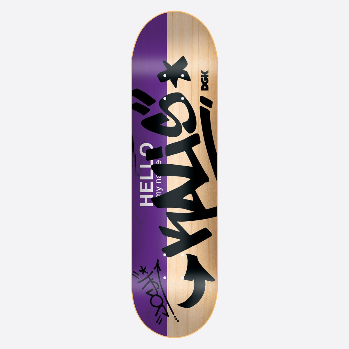 DGK Hello My Name is Kalis 8.06 skateboard deck: A name-tag design: the deck is purple on one side and bare natural wood on the other, with 'HELLO my name is' in white and a large black graffiti tag reading Kalis. A small signature and DGK logo are included.