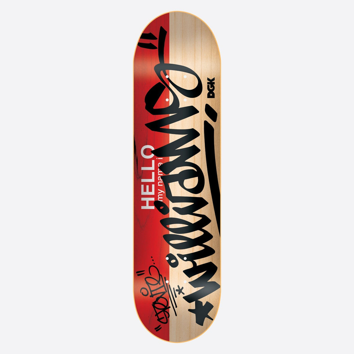 DGK Hello My Name is Stevie 8.25 skateboard deck: Hello My Name Is name-tag design with large black graffiti-style handwritten tag lettering across a deck split between red and natural wood, with a small DGK logo and a second tag at the bottom.