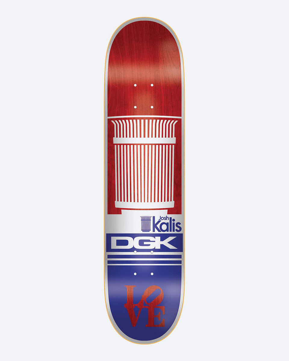 DGK Heritage Kalis 8.06 skateboard deck: White litter bin silhouette on a red upper half, with Josh Kalis and a cup icon, a large DGK logo bar, and a red LOVE sculpture-style logo on a blue lower half.