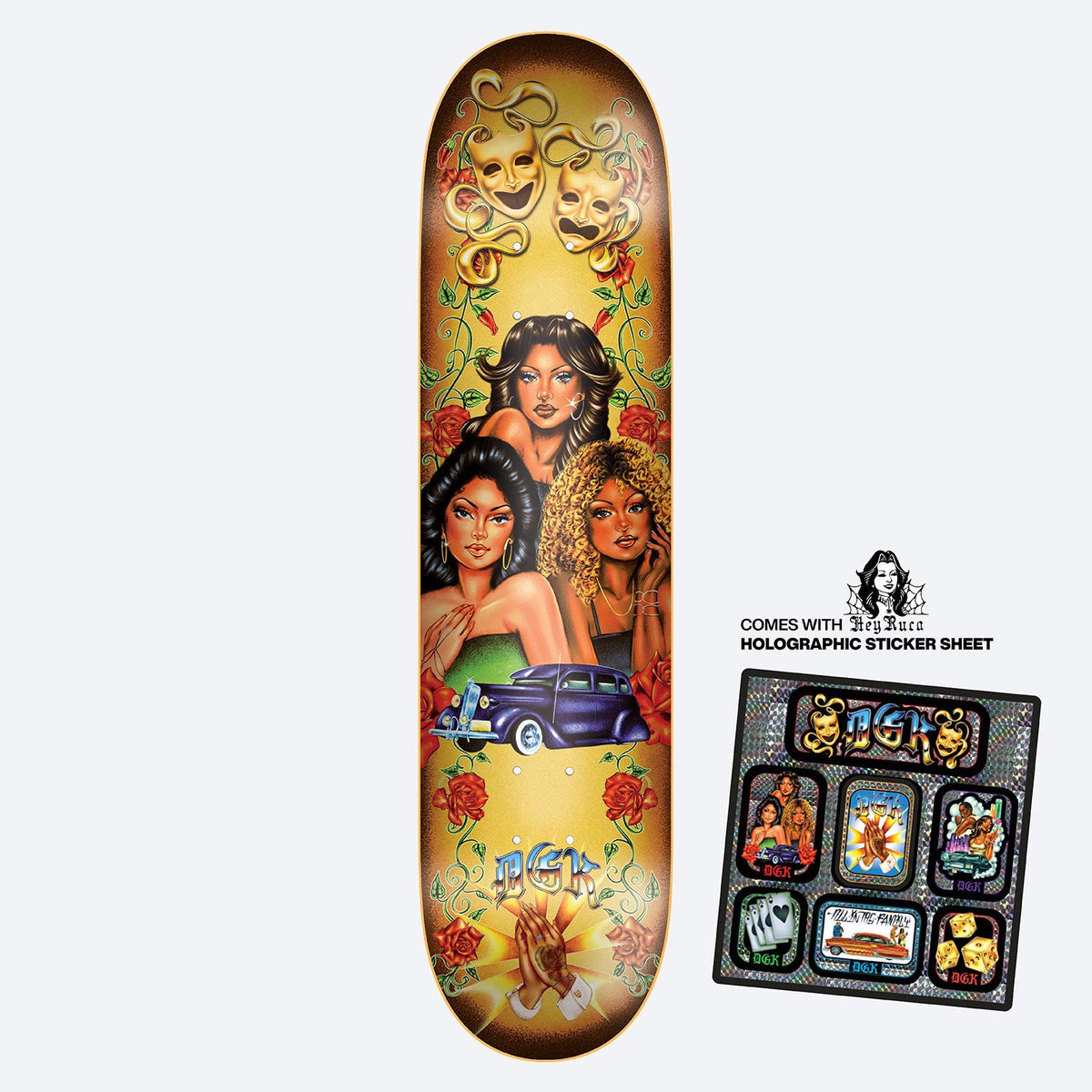 DGK x Hey Ruca Hermanas 8.25 skateboard deck: Three women in airbrushed lowrider style pose above a purple vintage car, framed by roses, comedy and tragedy masks and praying hands, on a golden background. A holographic sticker sheet is shown beside the deck.