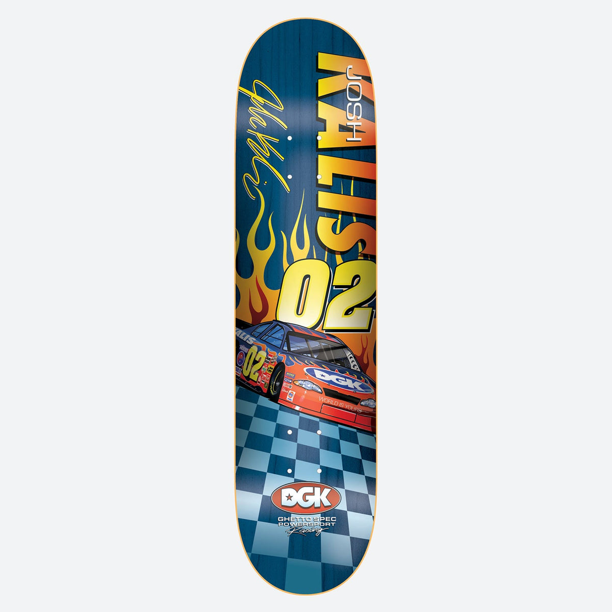 DGK Holeshot Kalis 8.5 skateboard deck: Blue deck with an orange stock car numbered 02 racing over a blue checkered floor, with yellow flames behind. Large yellow lettering reads Josh Kalis with a yellow signature, and a DGK racing badge sits at the bottom.