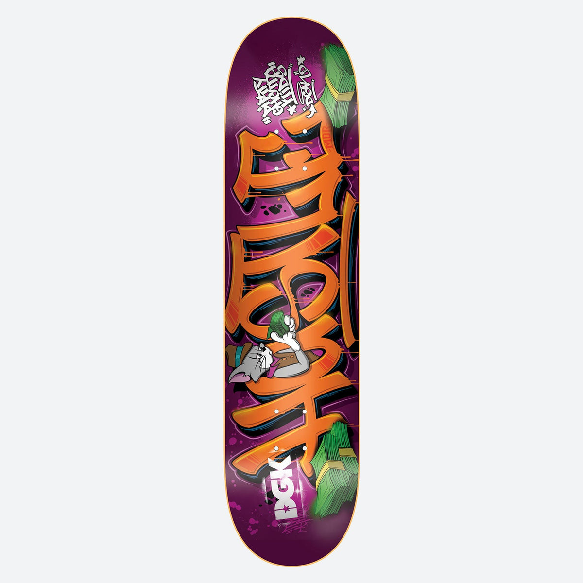 DGK Hustle 8.06 skateboard deck: Large orange graffiti-style lettering outlined in black on a purple deck, with a cartoon cat in a hat and mask holding a card, and stacks of green banknotes at the top and bottom, plus a white tag at the nose.