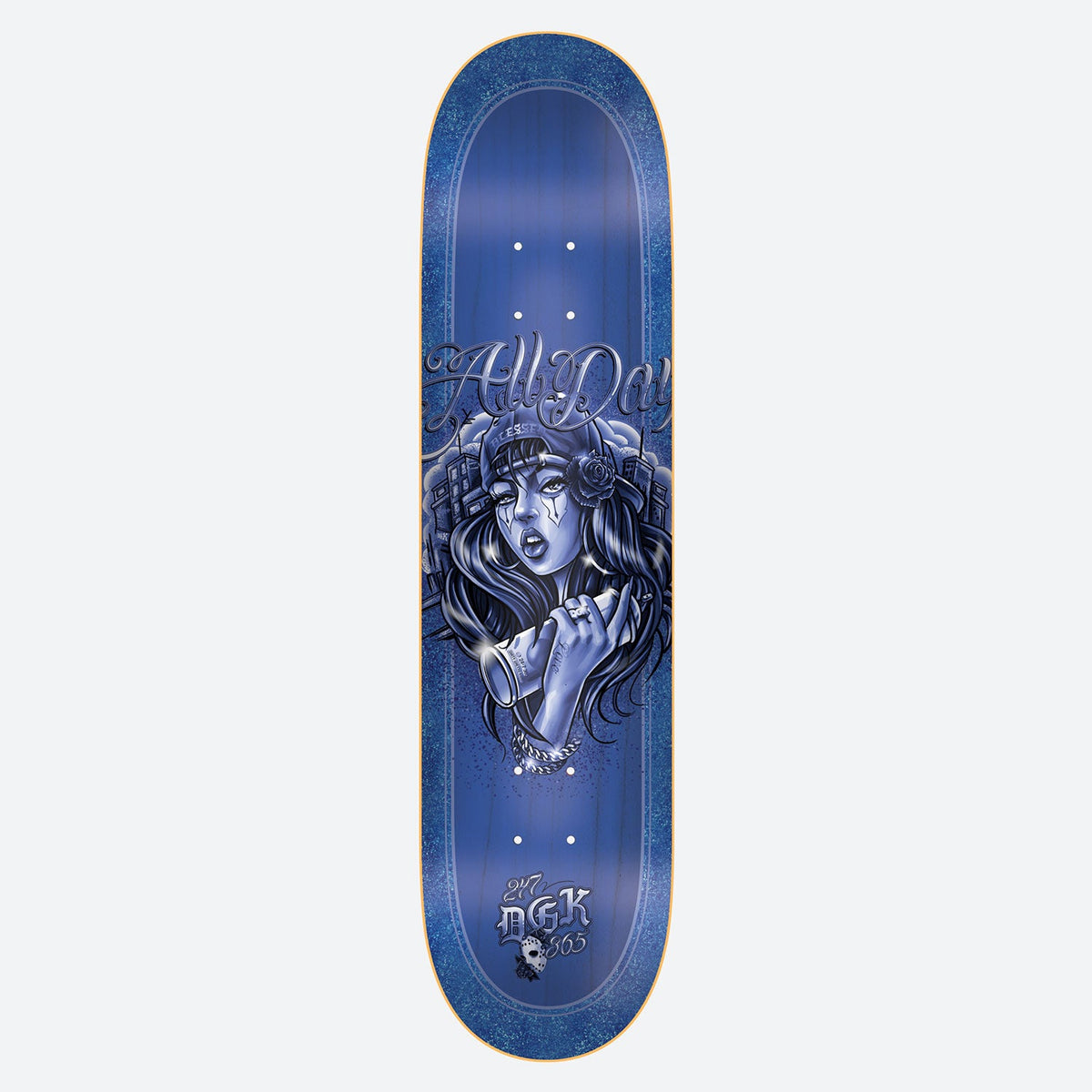 DGK Hyna 8.38 skateboard deck: A blue monochrome airbrush-style portrait of a tearful woman with a rose in her hair, holding a spray can, with city buildings behind and All Day script above. DGK logo with 24/7 365 at the bottom.