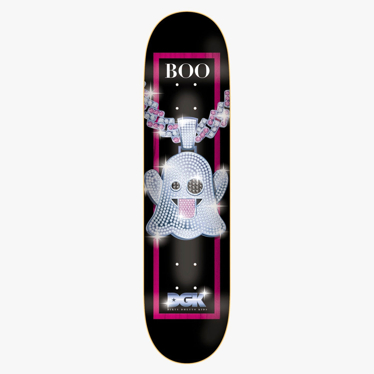 DGK Iced Boo 8.25 skateboard deck: Diamond-encrusted ghost emoji pendant hanging from a jewelled chain with pink stones and sparkles, inside a magenta frame on a black deck, with BOO in white at the top and the DGK logo at the bottom.