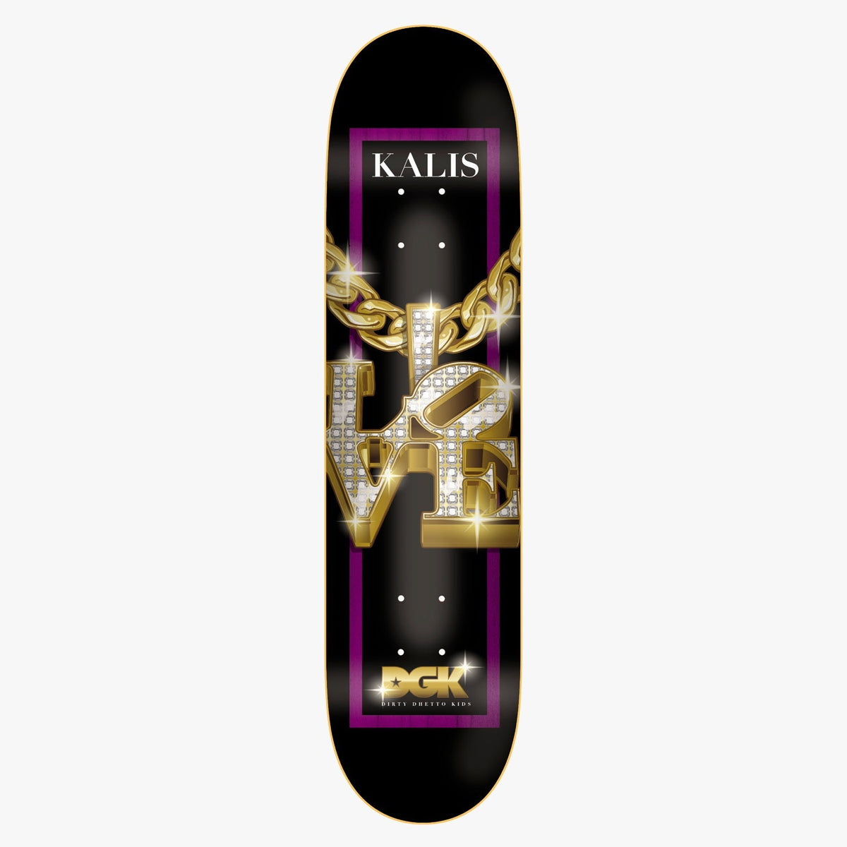 DGK Iced Kalis 8.0 skateboard deck: Gold chain holding a diamond-encrusted gold 'LOVE' sculpture-style pendant with sparkles, on black with a purple border. 'KALIS' in white capitals at the top and DGK logo at the bottom.