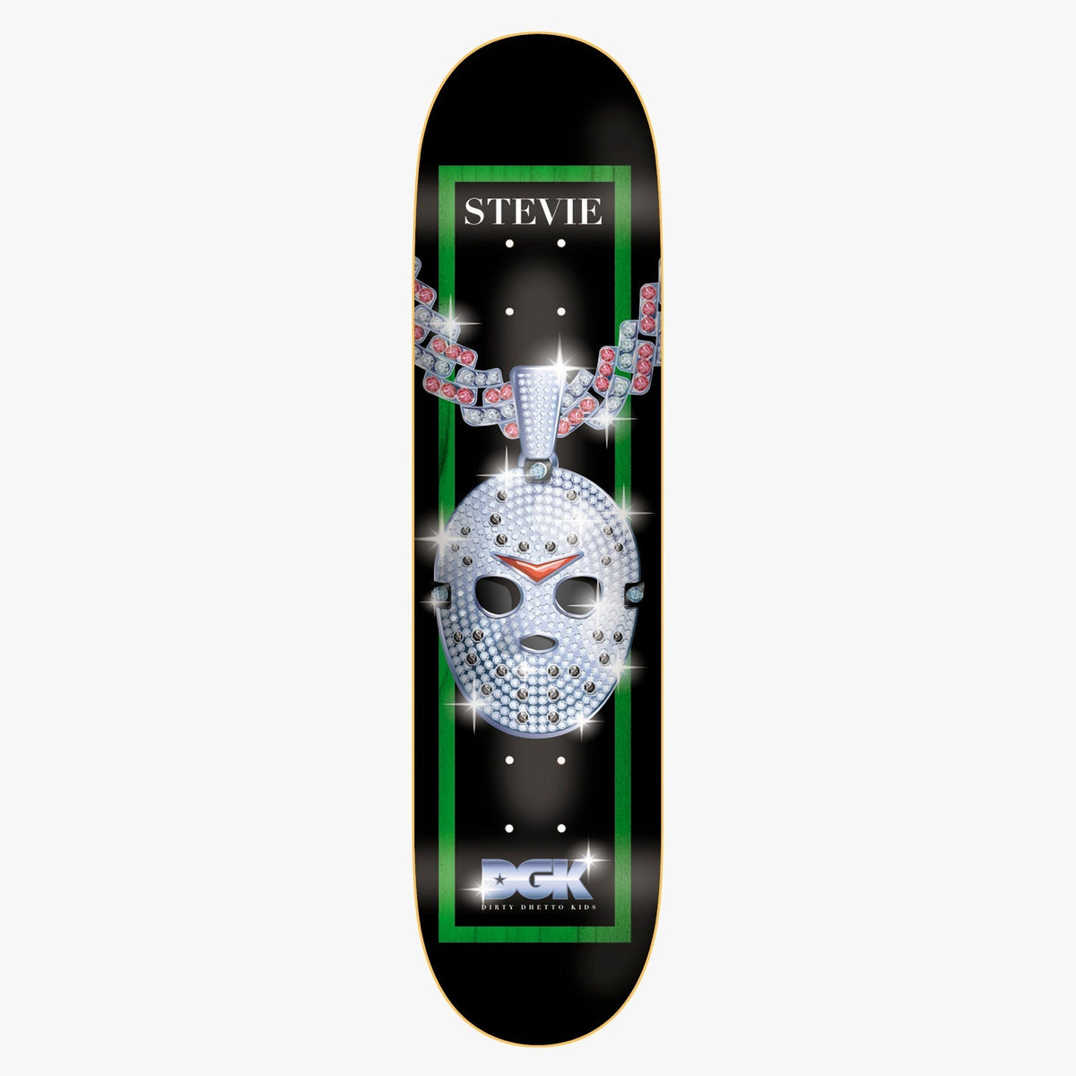 DGK Iced Stevie 8.1 skateboard deck: Black deck with a green border frame holding a sparkling diamond-encrusted hockey mask pendant on a jewelled chain. STEVIE is printed at the top and the DGK logo at the tail.