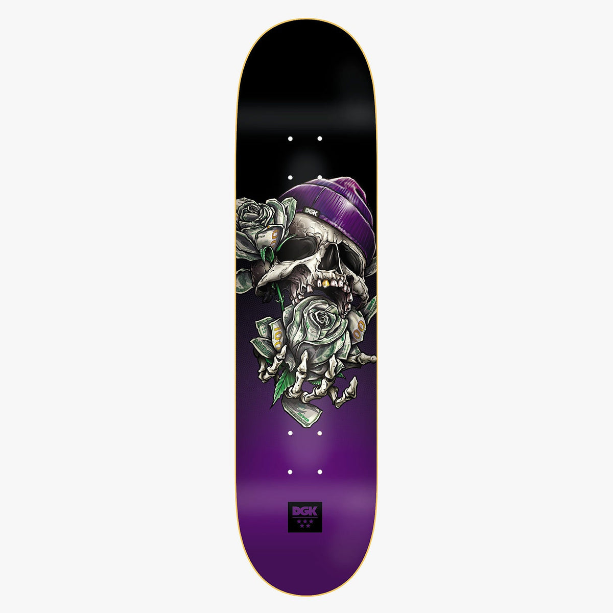 DGK In Bloom 8.06 skateboard deck: Purple to black deck with an illustrated skull wearing a purple beanie and a gold tooth, with roses made of dollar bills and a skeletal hand holding cash. DGK logo at the tail.