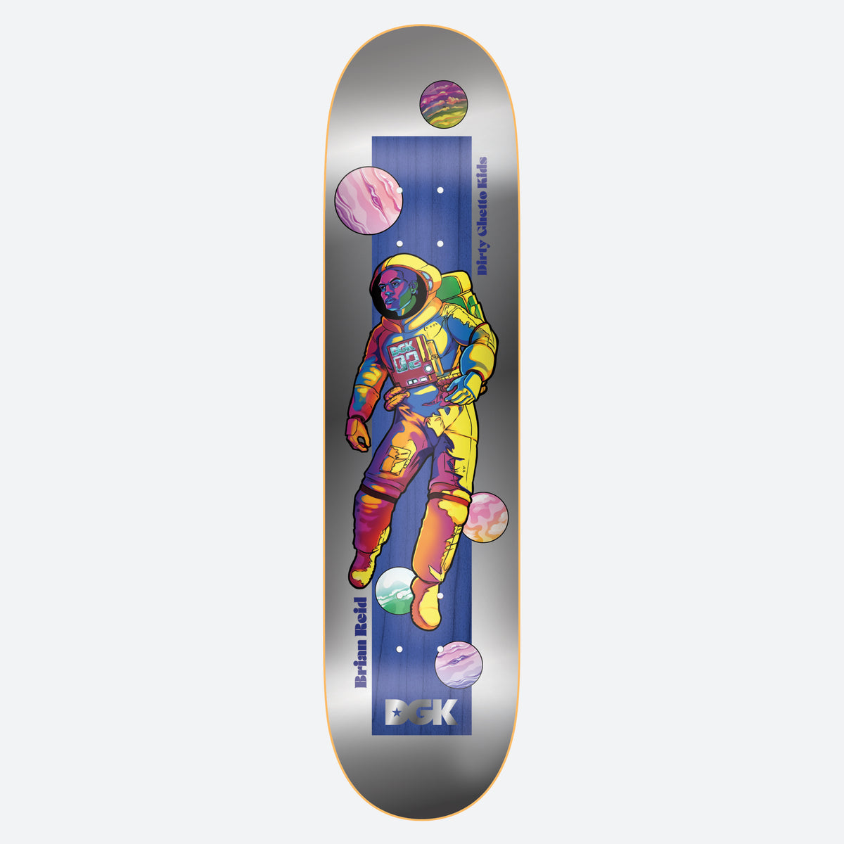 DGK Intergalactic Brian Reid skateboard deck: A colourful astronaut in a yellow, red and blue suit floats among marbled planets on a deep blue panel, on a metallic silver deck. Brian Reid and Dirty Ghetto Kids printed along the sides, DGK logo at the tail.