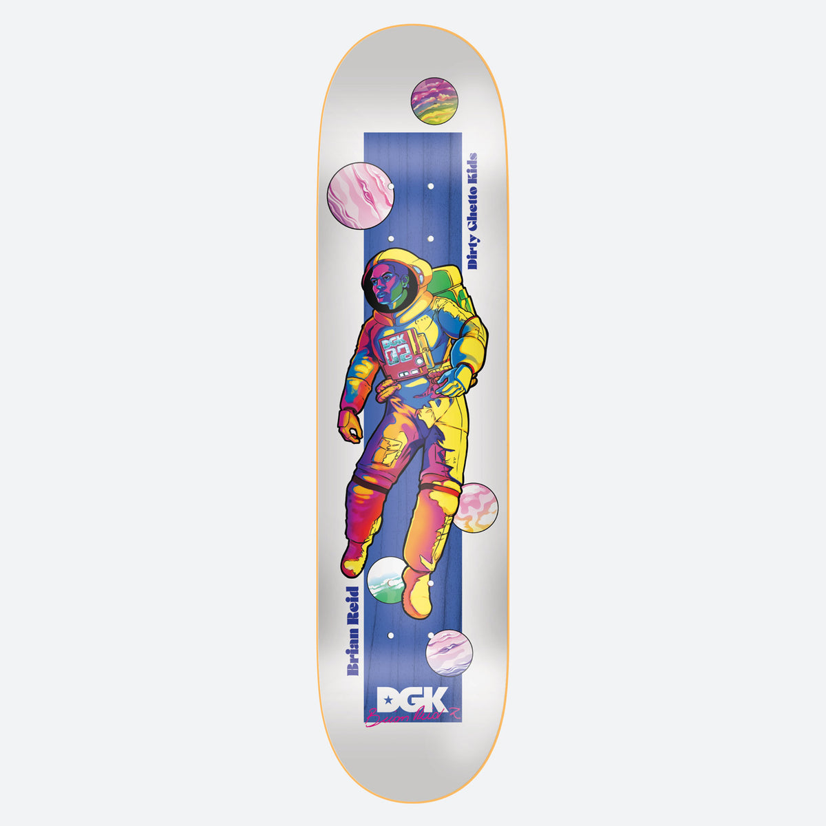 DGK Intergalactic White Brian Reid skateboard deck: An astronaut in a rainbow-coloured spacesuit floats against a blue vertical band, surrounded by marbled planets, on a white deck. Brian Reid, Dirty Ghetto Kids and the DGK logo are printed around it.