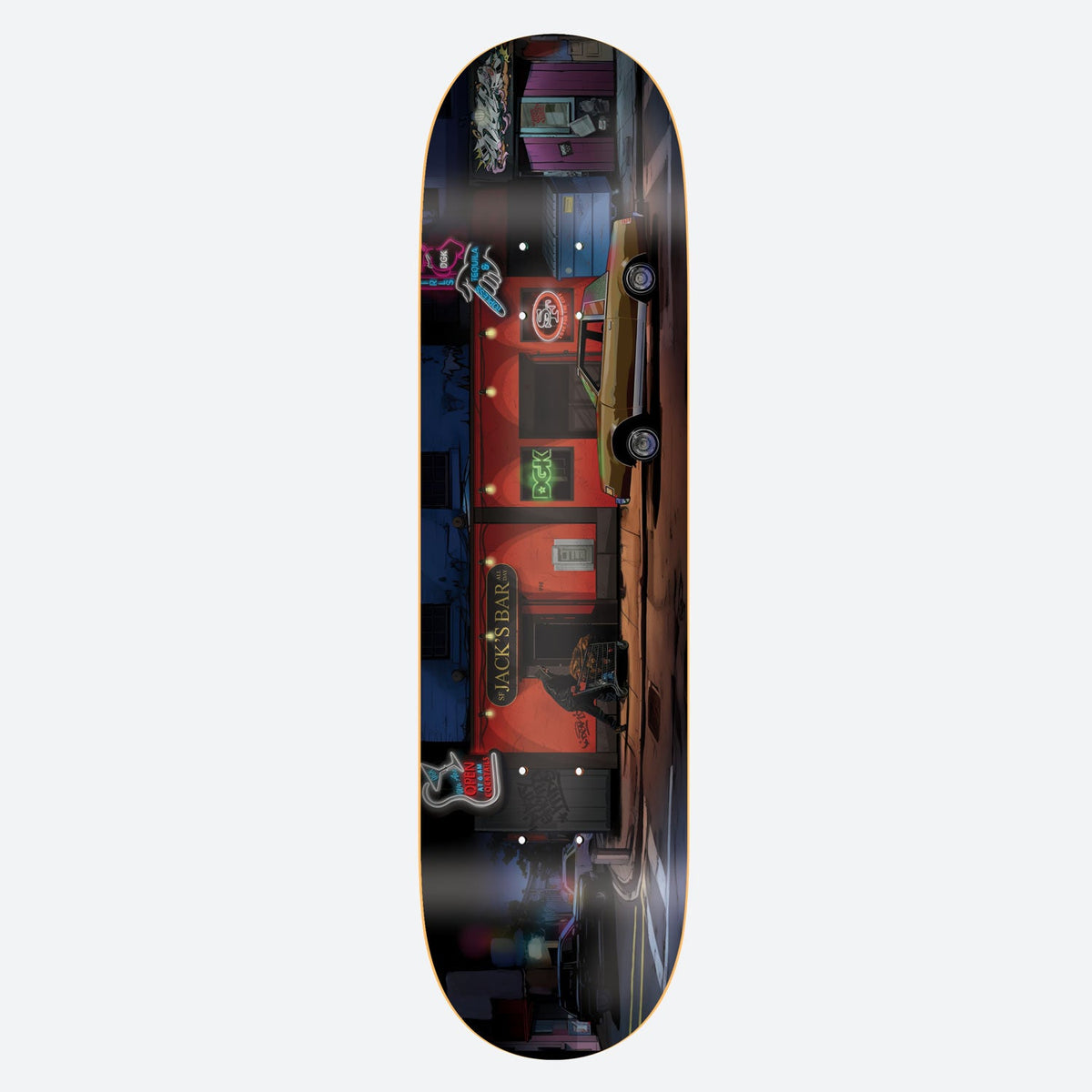 DGK Jacks Place Curtin 8.25 skateboard deck: Night-time comic-style street scene of a red bar front with neon signs and a Jack's Bar sign, a yellow car parked alongside and a figure in the doorway. DGK sign glows green on the facade.