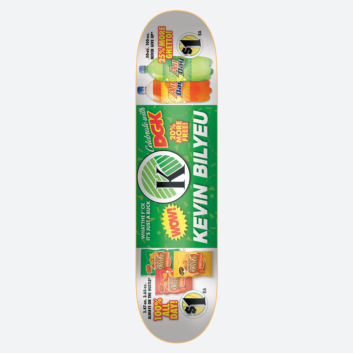 DGK Just a Buck Bilyeu 8.06 skateboard deck: A parody supermarket price banner in green, white and orange with a K circle logo, bottles of fizzy drink and bags of crisps, dollar price tags and shouty slogans, with the rider name in large letters.