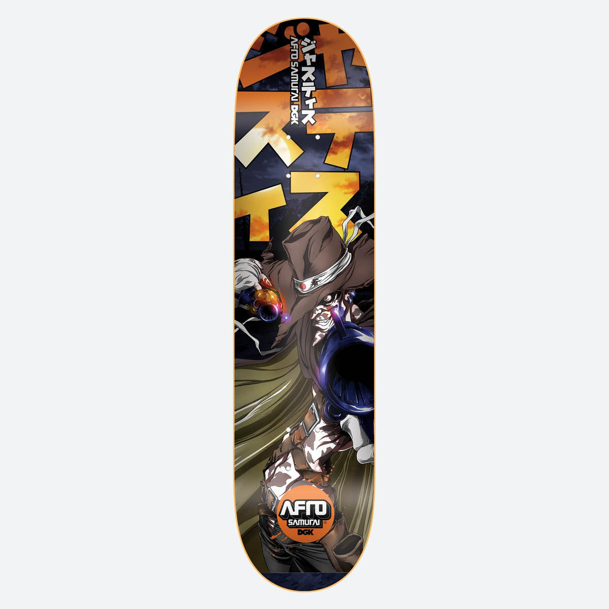 DGK Justice skateboard deck: Anime-style Afro Samurai figure in a brown hat and cloak aiming a large revolver at the viewer, against an orange sunset sky with huge Japanese characters. Afro Samurai and DGK logo at the tail.