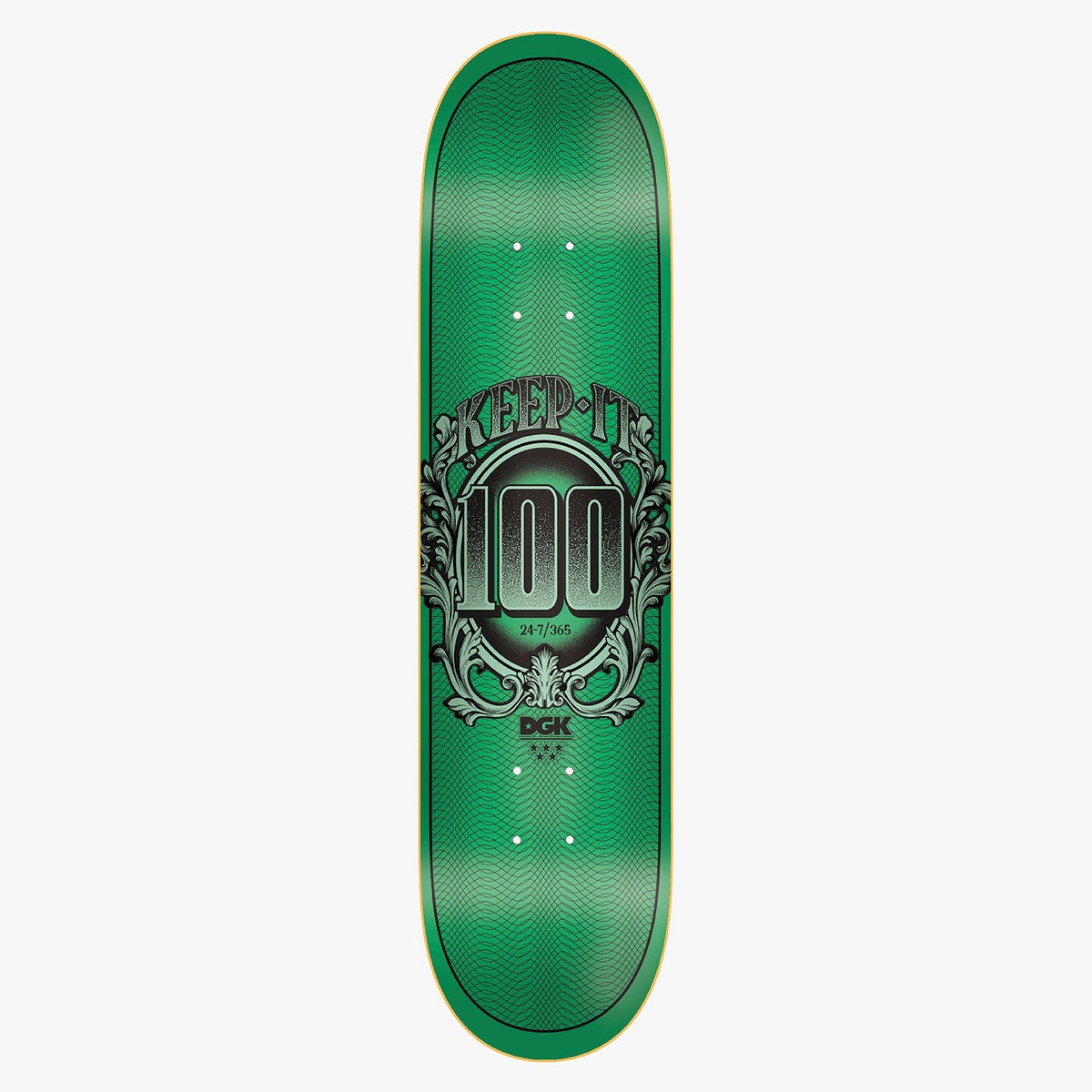 DGK Keep it 100 8.06 skateboard deck: Green banknote-style design with fine guilloche line patterns. An ornate scrolled frame holds a large 100 beneath Keep It, with 24-7/365, the DGK logo and three stars below.