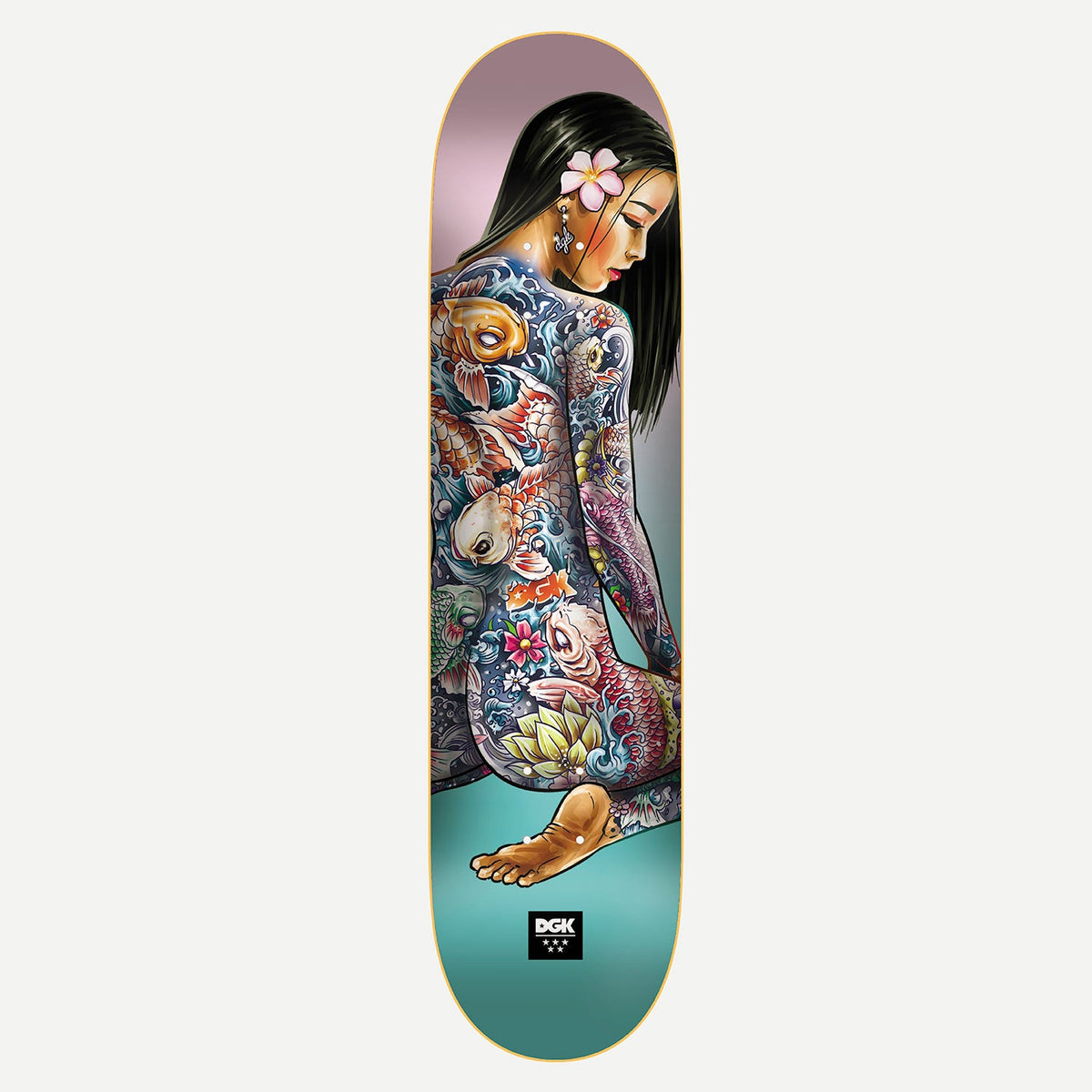 DGK Koi 8.25 skateboard deck: Painted woman seen from behind, kneeling with a barefoot pose and a pink flower in her black hair, her back and arms covered in a colourful Japanese koi, wave and lotus tattoo. Small DGK logo at the tail.