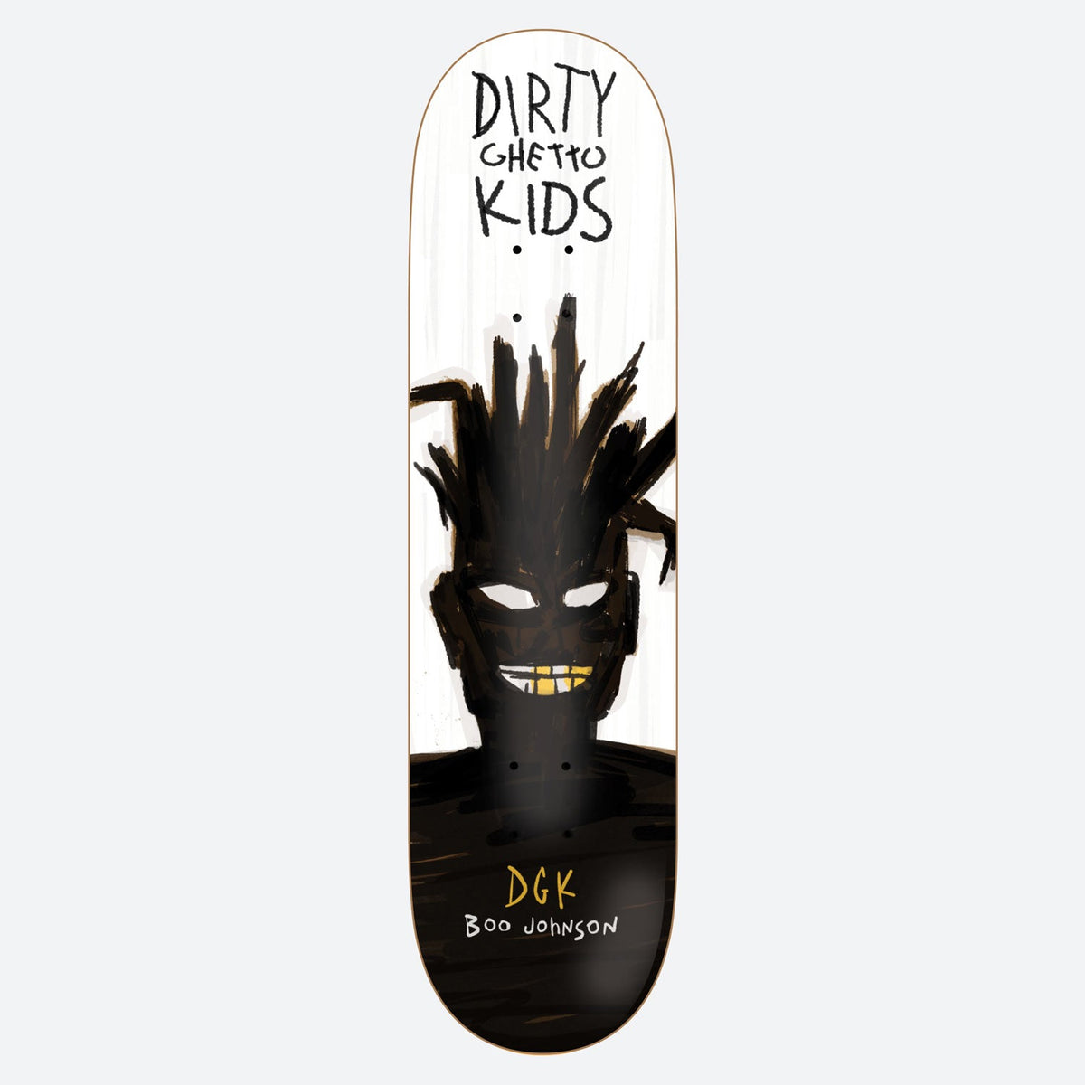 DGK Krazy Boo 8.25 skateboard deck: Painterly black figure with spiky dreadlock-style hair, white eyes and a gold-toothed grin, rising from a black base on a white deck. Hand-lettered brand name across the top and rider name in the lower part.