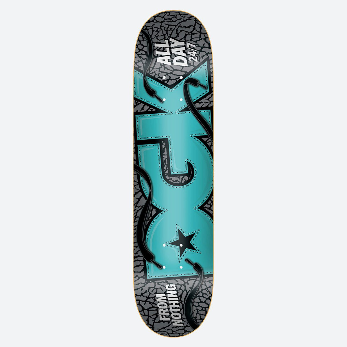 DGK Laced 8.06 skateboard deck: Large teal DGK letters with stitched edges and a star, tied with black shoelaces, on a grey and black elephant-print background like sneaker leather. Text reads All Day 24/7 and From Nothing.